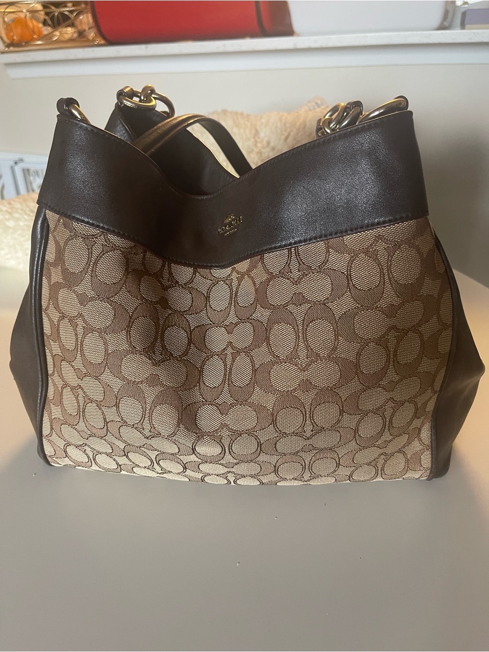 Coach Tan and Brown Signature Canvas Shoulder Bag